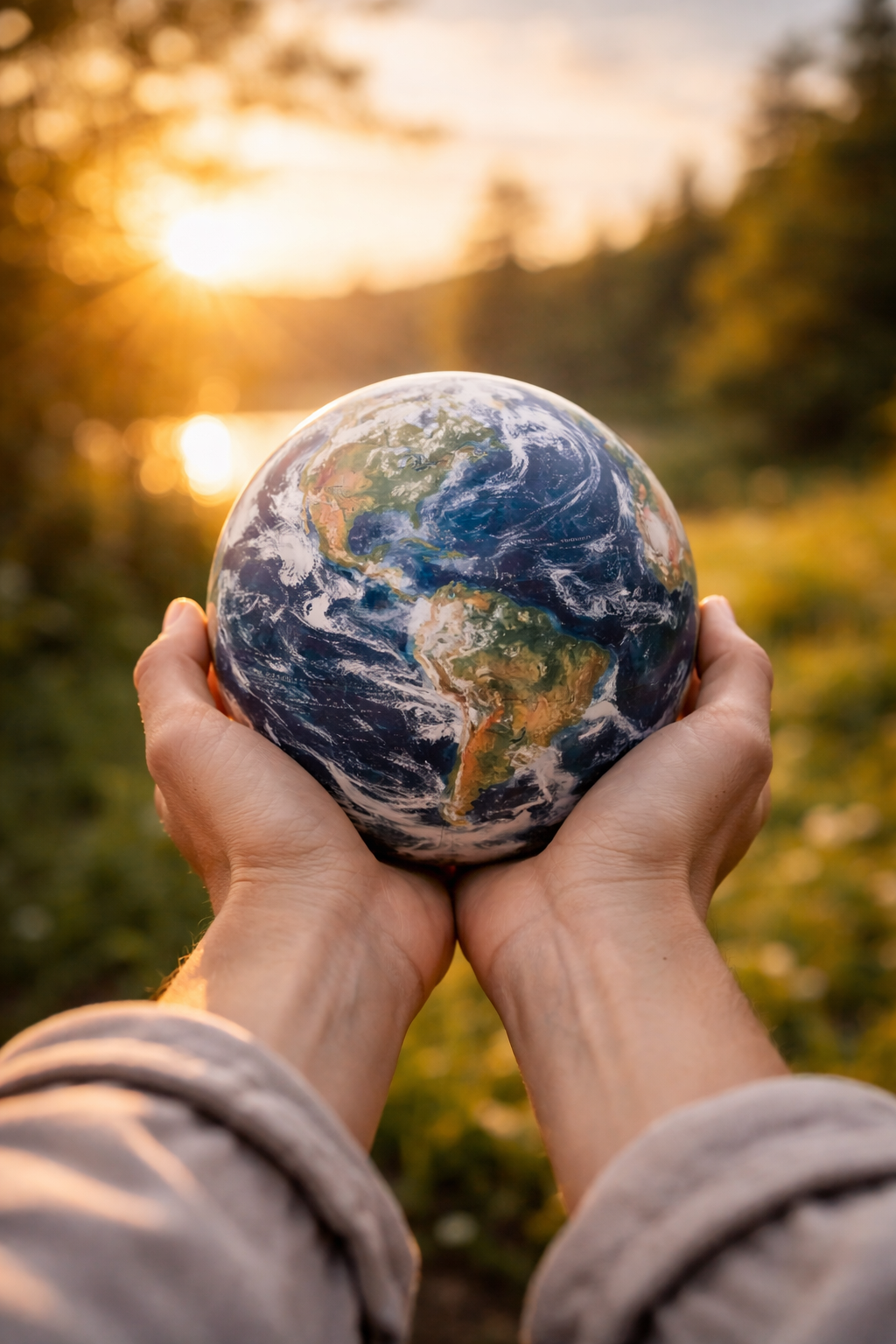 a person holding a small globe with soft light and nature in background