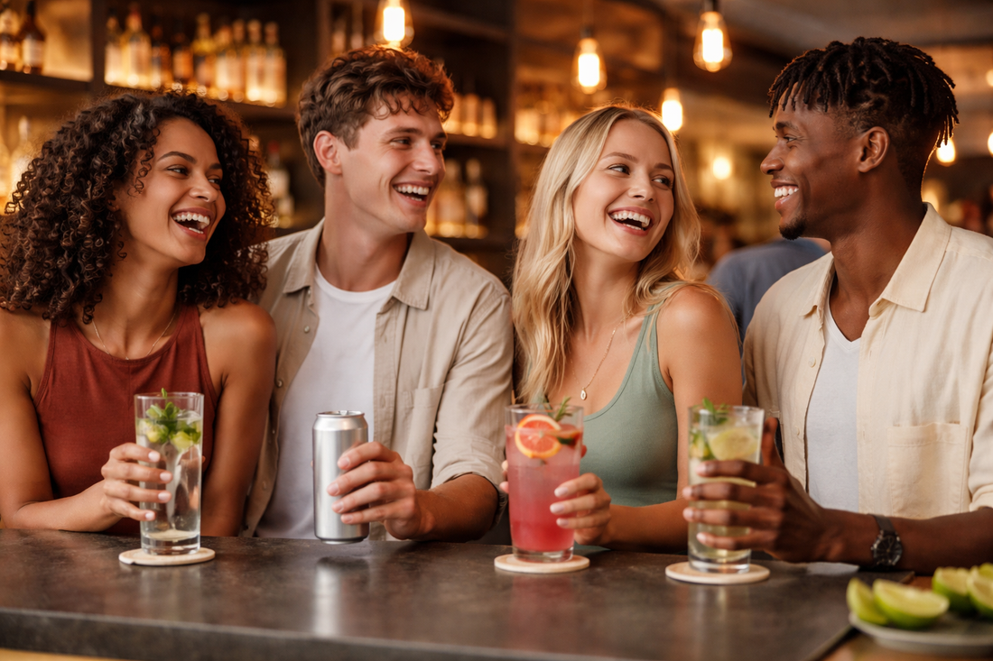 people standing at the bar sober curious laughing and having a fun time