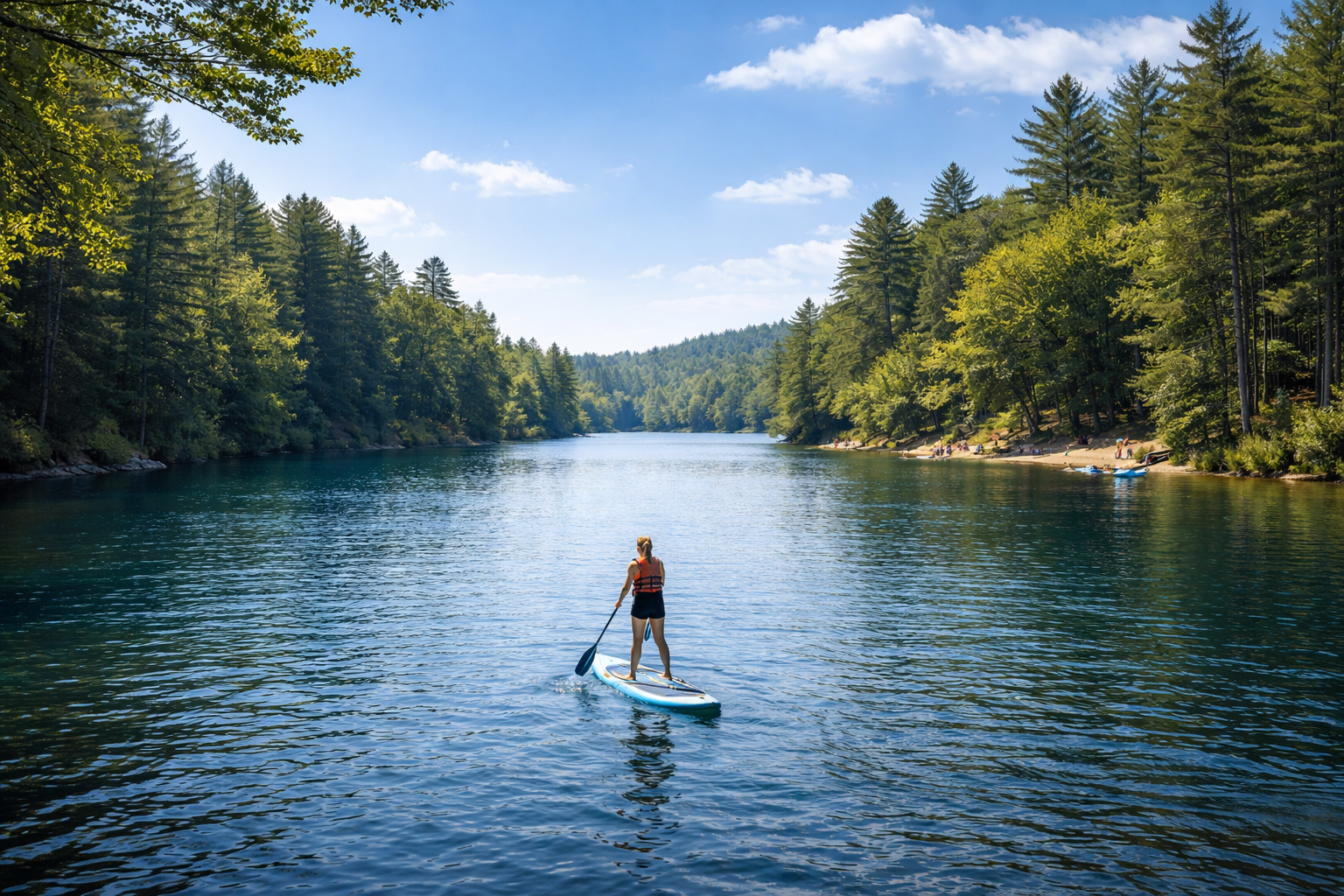 Person paddle boarding on a calm forest lake representing the Stilly water lifestyle
