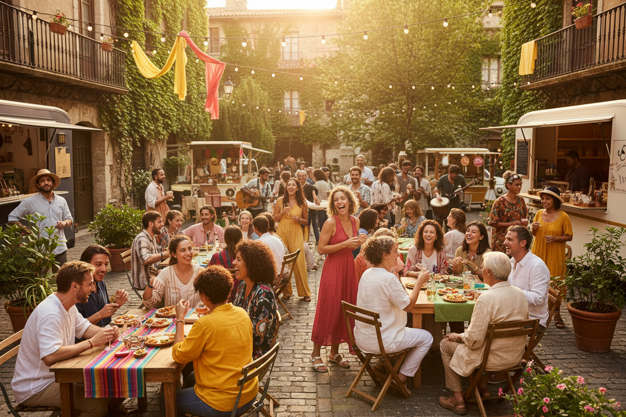 People enjoying a meal outdoors in an urban setting with food trucks and greenery.