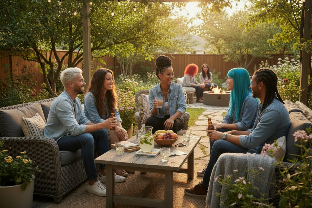 Group of people sitting outdoors on a patio, enjoying drinks and food.